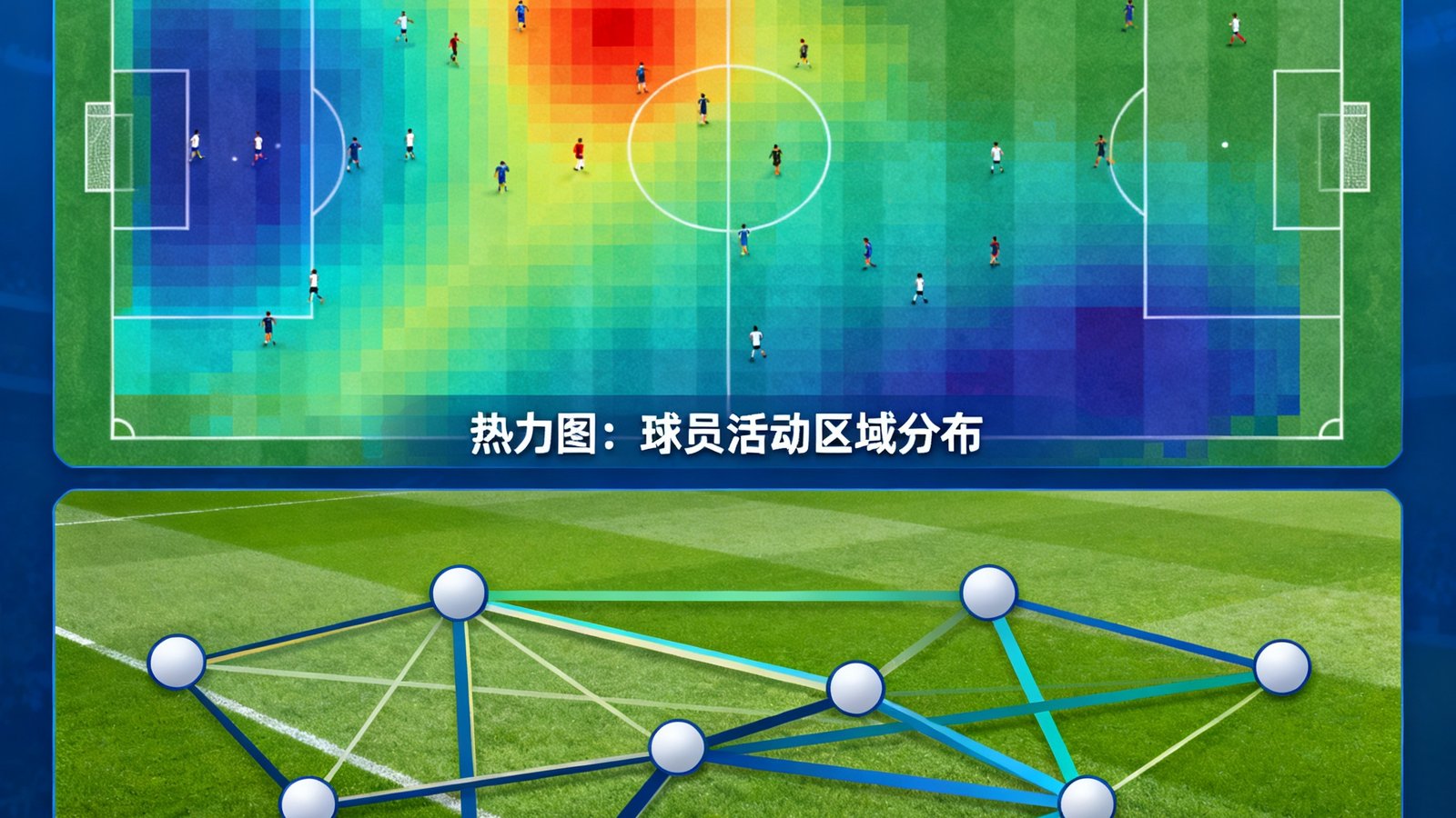 DS足球数据统计模块中球队攻防数据可视化图表，包含热力图和传球网络分析